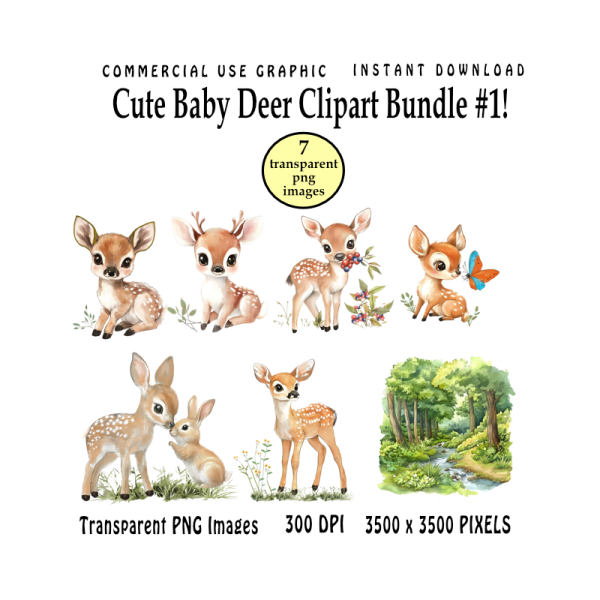 Adorable Watercolor Baby Deer Clipart Bundle on Sale!